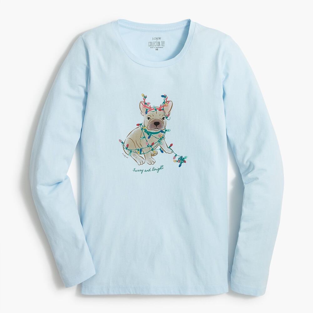 J. Crew Long-Sleeve Dog with Holiday Lights Graphic Tee Light Blue Womens XS NWT